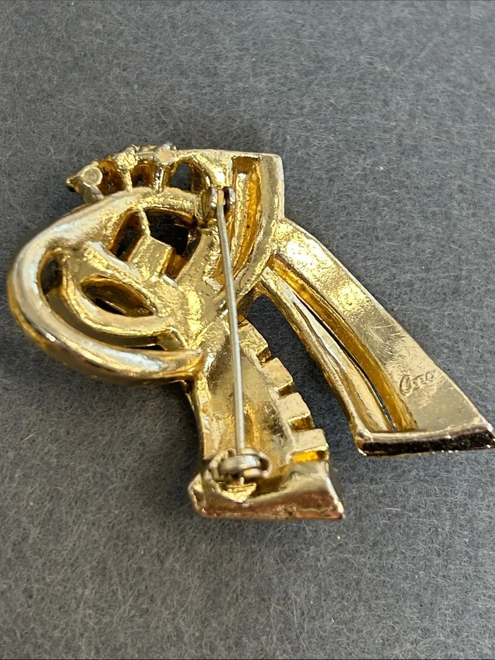 Vintage Coro Gold-Tone Ribbon Brooch with Pink Stones and Clear Accents